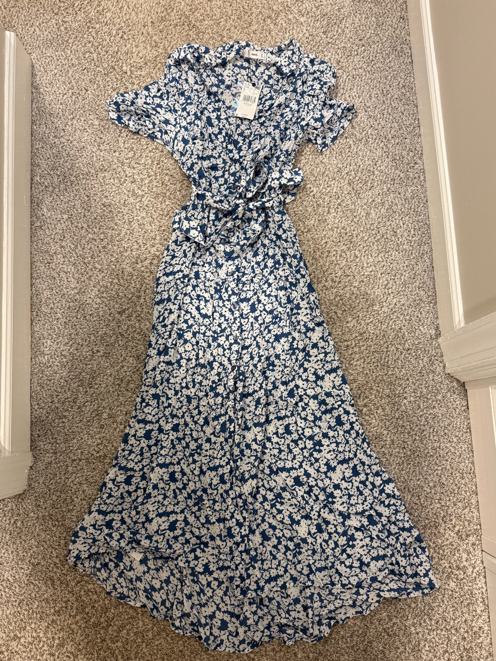NWT mango floral blue & white button up maxi dress w collar xl extra large